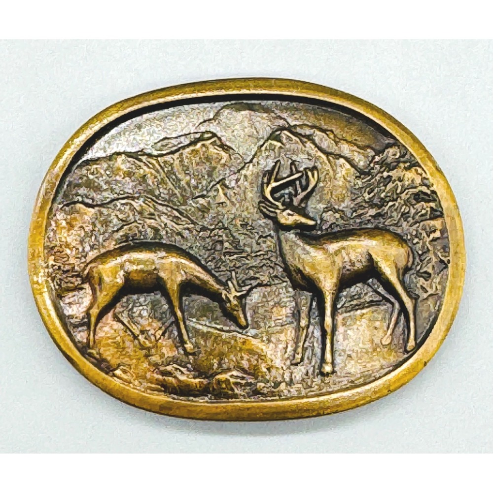 Indiana Metal Craft Belt Buckle Gold Brass Deer Buck Mountain Scene Vintage E97